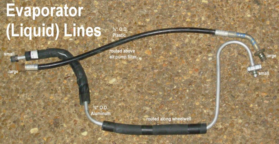 A/C evaporator liquid lines with black and aluminum tubing and labeled fittings.