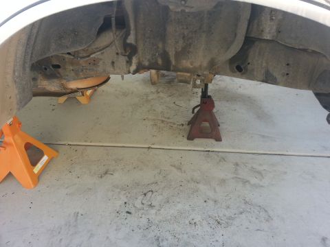 1991 Ford Bronco - Vehicle undercarriage supported by jack stands, indicating maintenance or repair work is in progress.