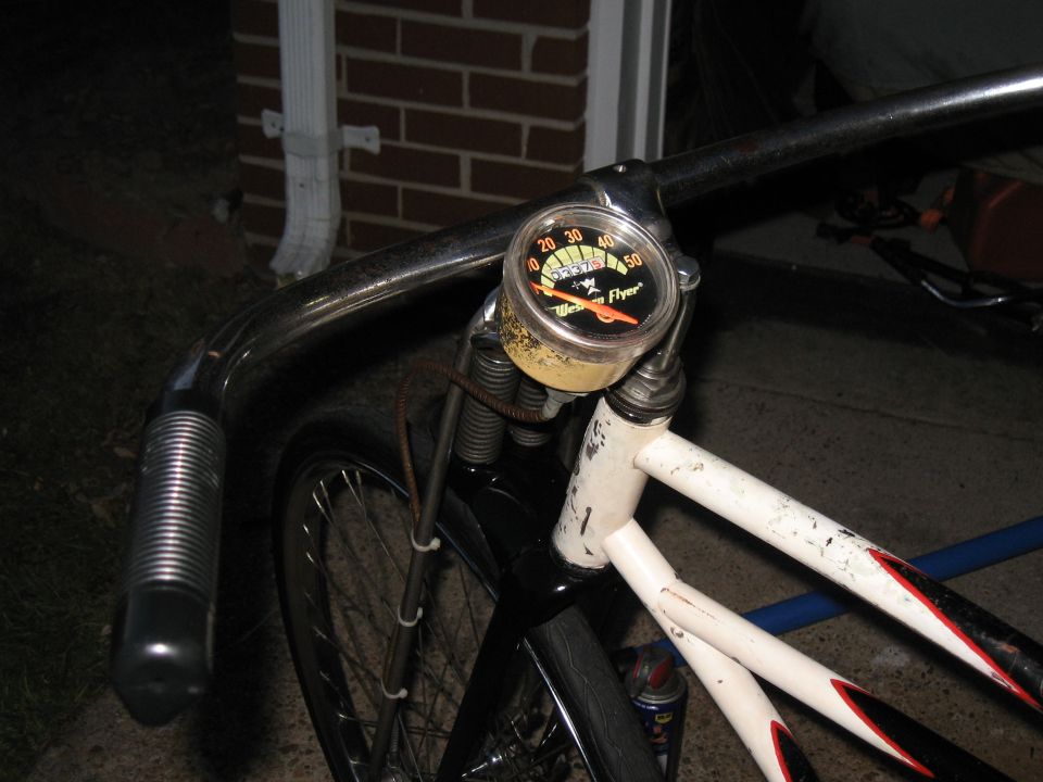 Western Flyer speedometer on a bicycle handlebar