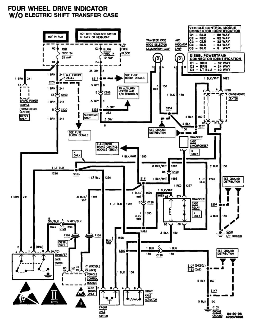 Wiring diagram titled Four Wheel Drive Indicator without electric shift transfer case