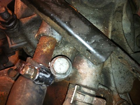 1996 Ford Bronco - Engine component detail showing a hose clamp and a rusty pipe.