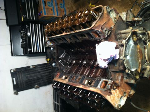 1996 Ford Bronco - Close-up of a V8 engine block, disassembled for repair or rebuild.