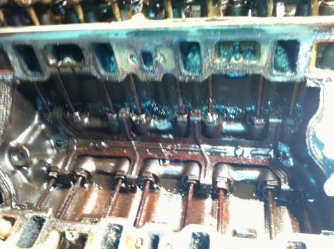 1996 Ford Bronco - Close-up view of an engine's valve train, showing pushrods and rocker arms within the cylinder head.