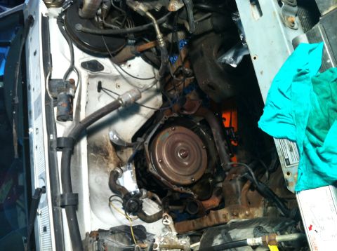 1992 Ford Bronco - The engine bay of a white vehicle shows the transmission housing and various hoses and wiring.