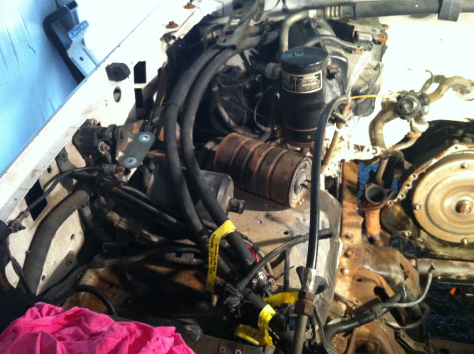 Engine bay with hoses and rusty components