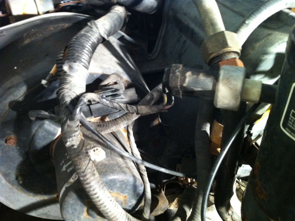 Close-up of engine bay wiring harness and AC lines