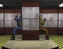 1998 Mercury Sable - Two armed individuals are positioned back-to-back, using a central pillar for cover in a dimly lit, industrial-looking environment.