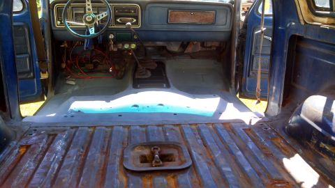 1979 Ford Bronco - Interior view of a 1979 Ford Bronco, stripped down for restoration.