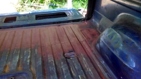 1979 Ford Bronco - The interior of a truck bed shows a ribbed floor and a blue wheel well, with visible rust and wear.