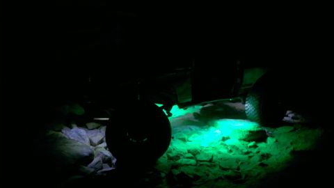 1994 Ford Bronco - This vehicle has green underglow lighting illuminating the rocky terrain it is driving on at night.