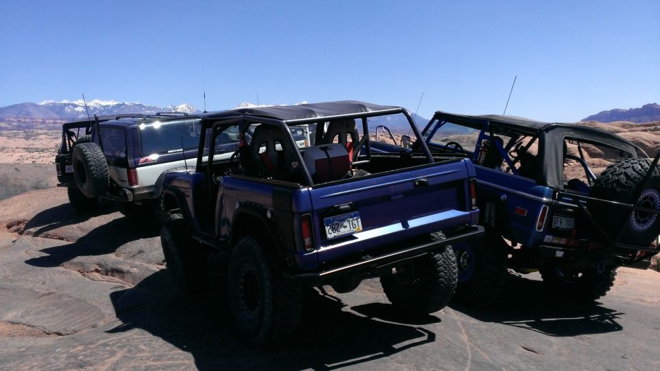 Blue 1994 Ford Bronco with roll cage parked off-road