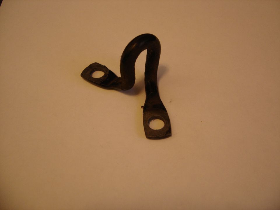 Small black steel loop bracket with two drilled mounting tabs on a plain white background