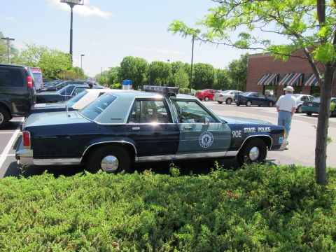 1991 Ford LTD Crown Victoria - Side view of a dark green and white State Police 90E Ford sedan with a blue roof beacon parked behind a low hedge.