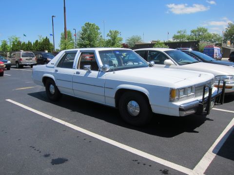 1991 Ford LTD Crown Victoria - plain white Ford LTD Crown Victoria police-spec sedan with front push bar parked in a sunny lot near other cruisers.