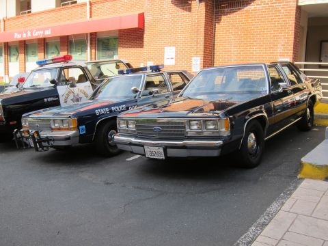 1991 Ford LTD Crown Victoria - black Ford state-police sedan with a roof lightbar parked beside another patrol car in front of a brick storefront.