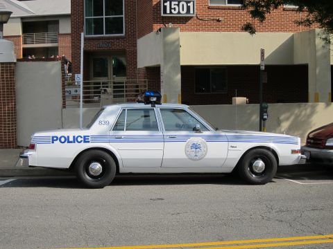 1991 Ford LTD Crown Victoria - Side profile of a white police sedan with blue stripes, unit number 839, and a palmetto-tree door seal parked outside building 1501.