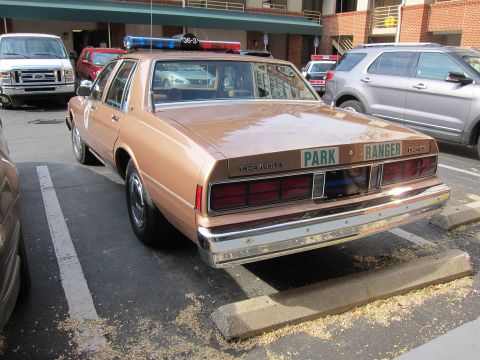 1991 Ford LTD Crown Victoria - tan Chevrolet Caprice marked PARK RANGER sits in a lot with a red-and-blue roof lightbar, parked among other vehicles.
