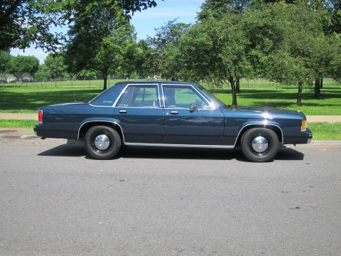 1991 Ford LTD Crown Victoria - Side view of a dark blue full-size four-door sedan with steel wheels and chrome trim, parked along a tree-lined roadside.
