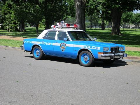 1991 Ford LTD Crown Victoria - light blue and white NYPD Highway Patrol sedan with roof light bar and Police lettering, parked in profile on a grassy roadside.