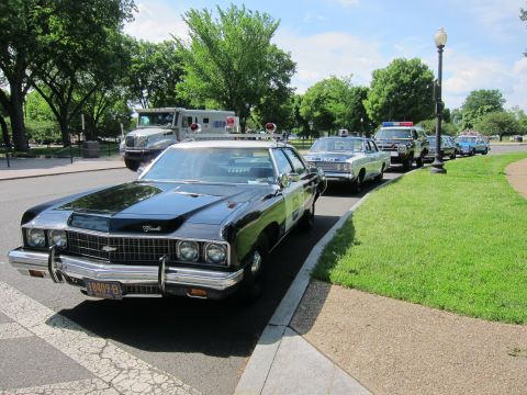 1991 Ford LTD Crown Victoria - black Chevrolet police sedan with chrome bumper leads a curbside row of vintage cruisers and an ambulance in a tree-lined park.