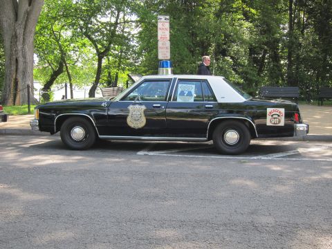 1991 Ford LTD Crown Victoria - black police sedan with white roof, gold door shield and Emergency 911 markings parked along a curb in a wooded park.