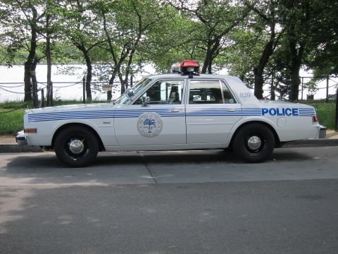1991 Ford LTD Crown Victoria - Side profile of a white Dodge police sedan numbered 839 with blue pinstripes, a palmetto door seal and red roof light.