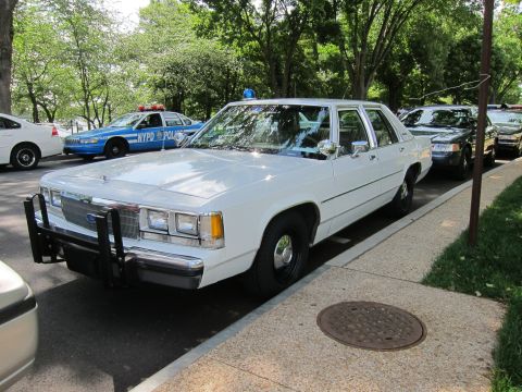 1991 Ford LTD Crown Victoria - white Ford police sedan with a chrome push bar and single blue roof beacon parked beside a blue NYPD cruiser in a park.