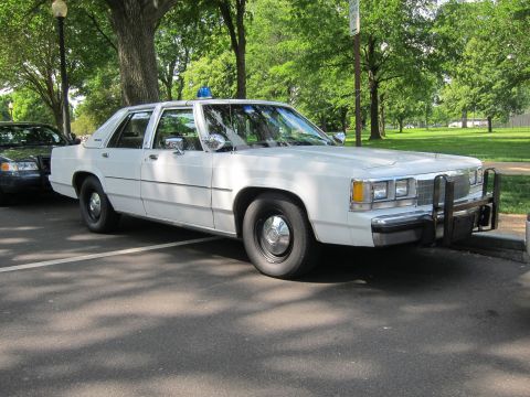 1991 Ford LTD Crown Victoria - white Ford police sedan with a chrome front push bar and single blue roof beacon parked on a park drive among trees.