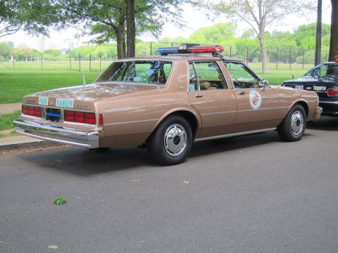 1991 Ford LTD Crown Victoria - tan Buick Park Ranger police sedan with a door seal and roof beacons seen from the rear three-quarter, parked in an open park.