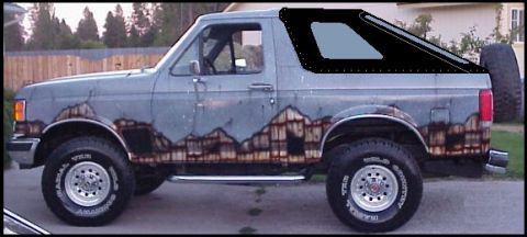 1989 Ford Bronco - A two-door lifted 1980s-90s Ford Bronco shown in side profile, painted gray with a dark mountain/scenic airbrush design along the lower bod…