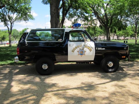 1991 Ford LTD Crown Victoria - Side view of a black-and-white 'Highway Patrol' SUV with star emblem and roof light, parked on gravel beneath trees.