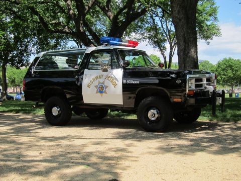 1991 Ford LTD Crown Victoria - Front-quarter view of a black-and-white 'Highway Patrol' SUV with light bar, star emblem and brush guard, parked under trees.