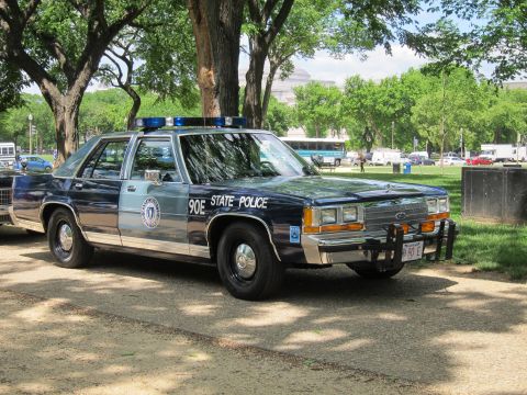 1991 Ford LTD Crown Victoria - Front three-quarter view of a green and gray Ford 'State Police' cruiser with a blue light bar, parked in a shaded park.