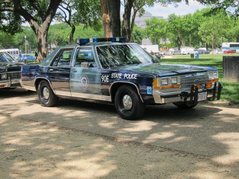 1991 Ford LTD Crown Victoria - green and gray '90E State Police' Ford sedan with blue light bar parked on a dirt lot in dappled sunlight.