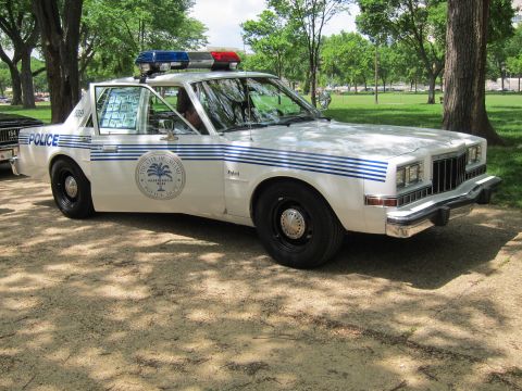 1991 Ford LTD Crown Victoria - white Dodge Diplomat 'Police' car with blue stripes, a palmetto-tree door seal, and a red-blue light bar parked in a park.