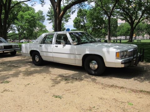 1991 Ford LTD Crown Victoria - white Ford LTD Crown Victoria police sedan with a single blue roof beacon and push bar, parked on a dirt lot in a park.