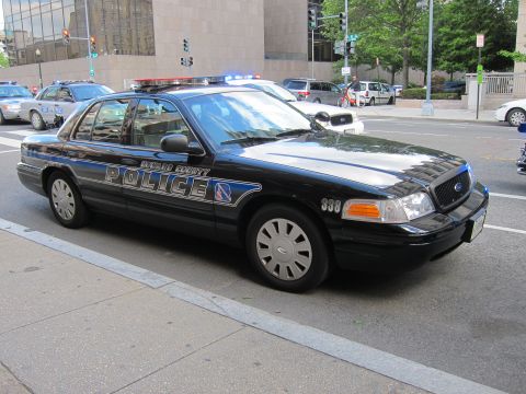 1991 Ford LTD Crown Victoria - black and silver county police Ford sedan with an activated light bar and unit 338 parked at a city curb.