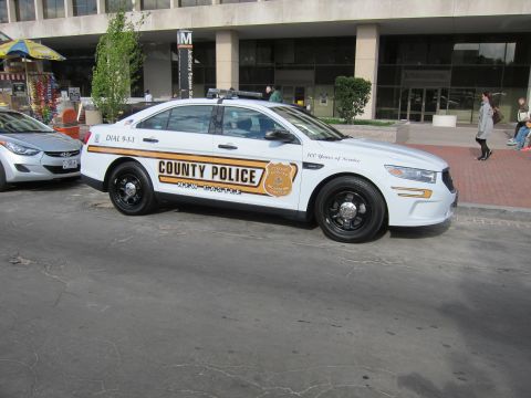 1991 Ford LTD Crown Victoria - white New Castle County Police Ford sedan with gold striping and Dial 9-1-1 markings parked on a street.