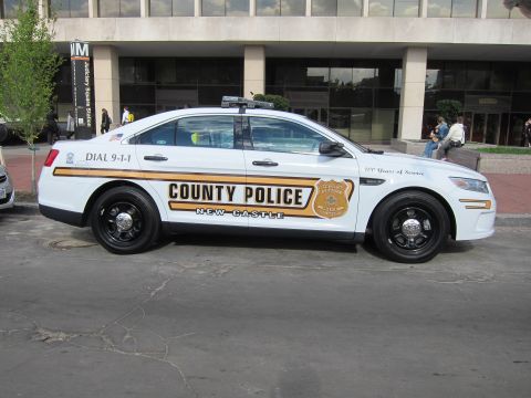 1991 Ford LTD Crown Victoria - Side profile of a white New Castle County Police Ford sedan with gold striping and 100 Years of Service text.