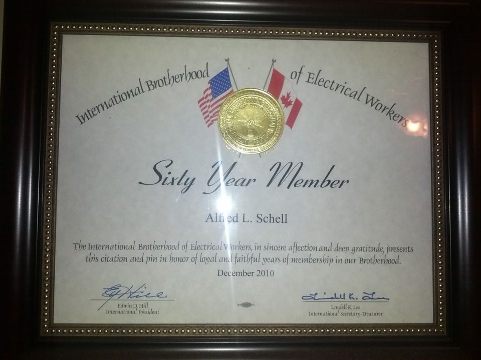Framed IBEW Sixty Year Member certificate awarded to Alfred L. Schell, December 2010