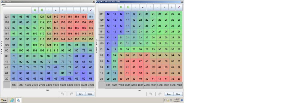 Screenshot of engine tuning software showing ignition advance tables with RPM and engine load values