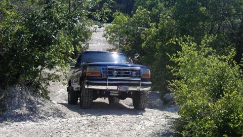1995 Ford Bronco - Ford Bronco navigates a rough, off-road path surrounded by trees.