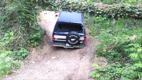 1995 Ford Bronco - A dark blue Ford Bronco navigates a wooded trail, its spare tire visible on the rear.