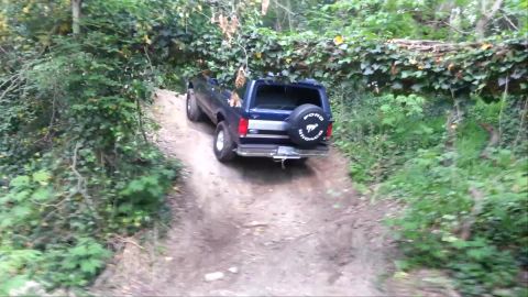 1995 Ford Bronco - A Ford Bronco navigates a challenging off-road trail, with dense greenery lining the path.