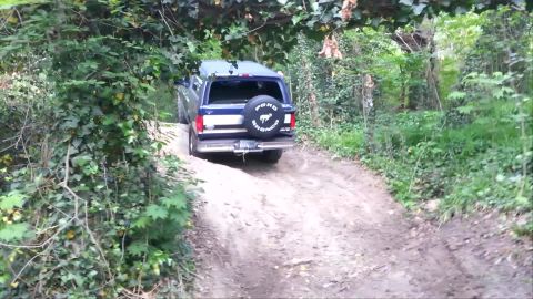 1995 Ford Bronco - A blue Ford Bronco navigates a dirt path surrounded by dense foliage.