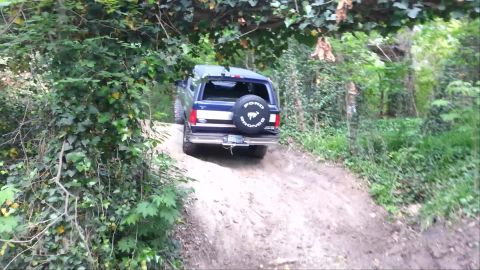 1995 Ford Bronco - A dark blue 1995 Ford Bronco navigates a steep dirt path surrounded by lush greenery.