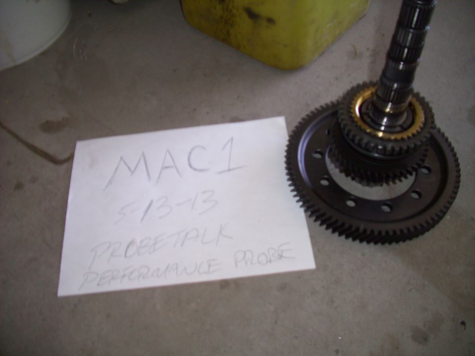 Gear assembly with a handwritten note that reads MAC1 5/13/13 PROBETALK PERFORMANCE PROBE