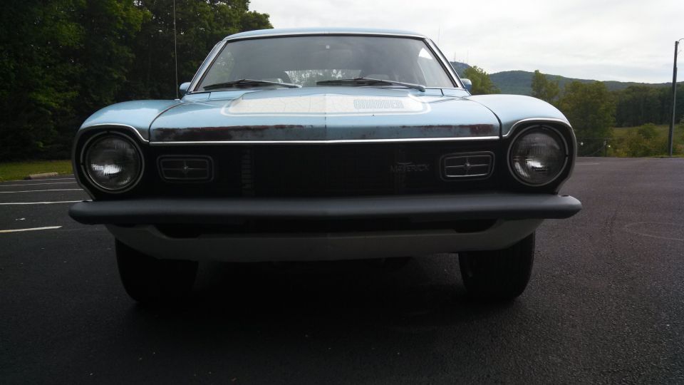 1973 Ford Maverick front end, light blue with white hood stripe