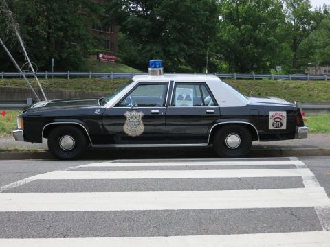 1991 Ford LTD Crown Victoria - black-and-white Ford LTD Crown Victoria police sedan with door badge and dome light sits over a painted crosswalk.