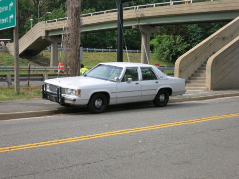 1991 Ford LTD Crown Victoria - white full-size sedan with a front push bar sits at the roadside near highway signage and a concrete pedestrian overpass.
